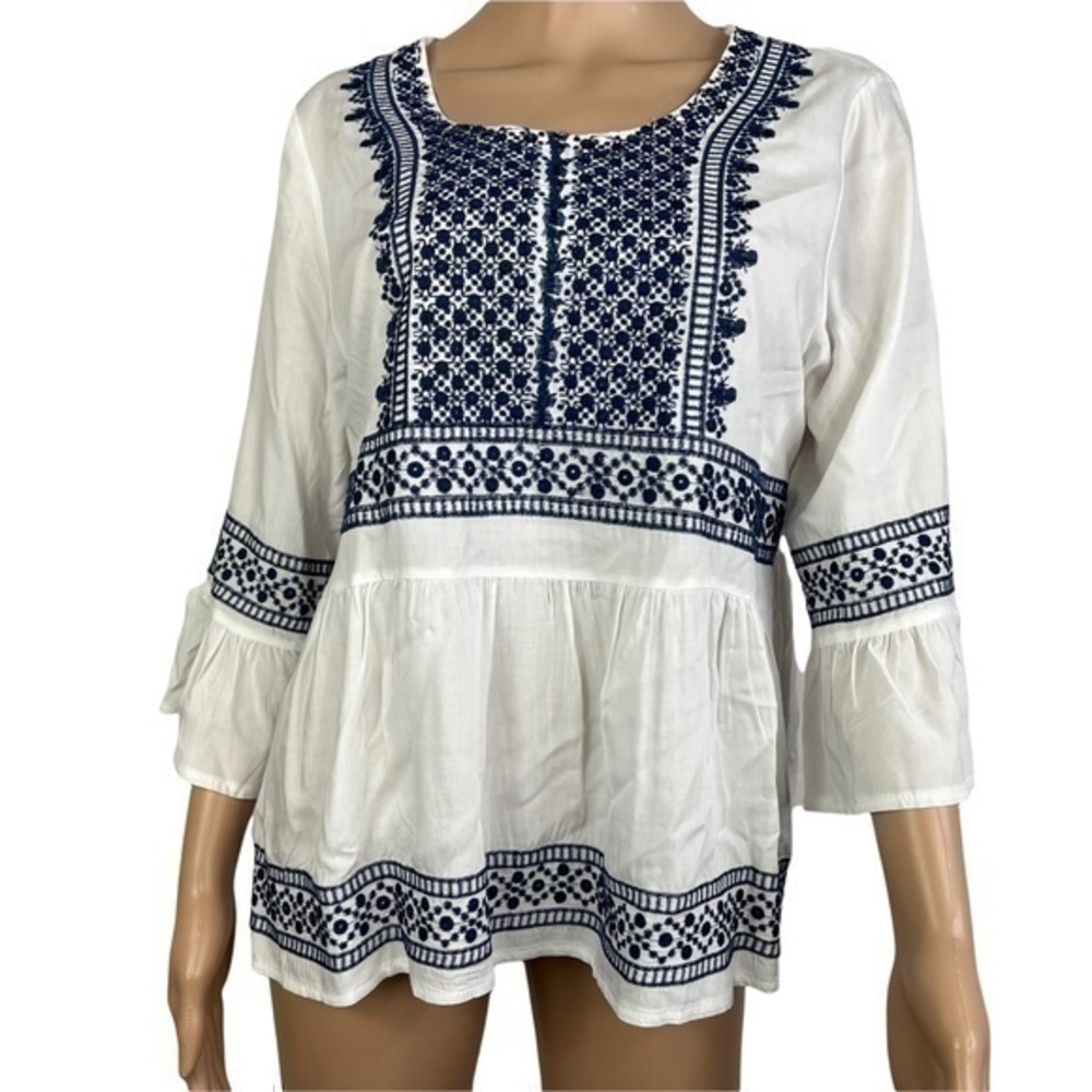 NWT Francescas Blue Rain Women Top Blouse Blue White Sz M